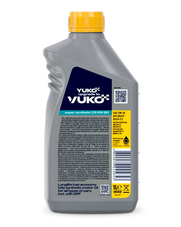Олива моторна HC-синтетична VUKO (YUKO) SUPER SYNTHETIC C3 5W-30 API SN/CF, 1 л ПЕ (47 723) - фото №2