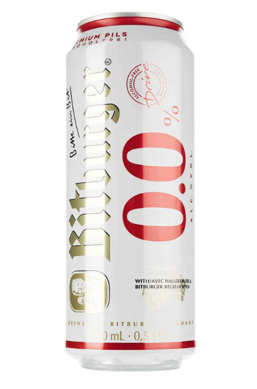Пиво Bitburger Drive Non Alcohol Pils 0.0% ж/б, 0,5л, - фото