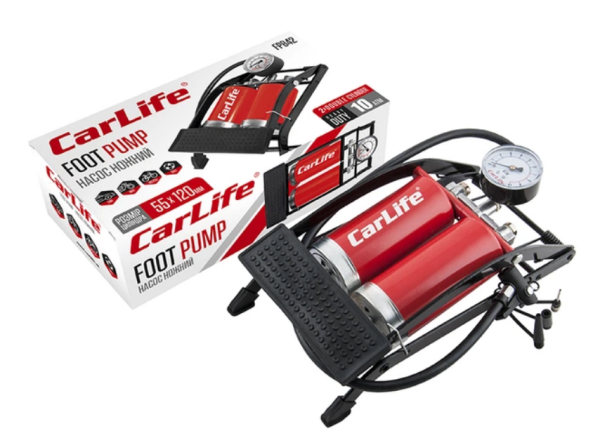 Ножной насос CARLIFE 55×120 мм, двухцилиндровый с манометром и адаптерами - фото