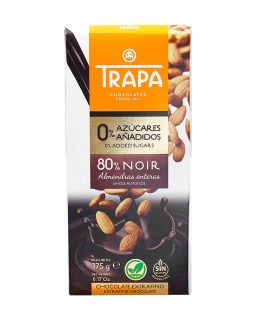 Шоколад  175г без цукру TRAPA INTENSO 0% чорний 80% з мигдалем, 10шт/ящ - фото