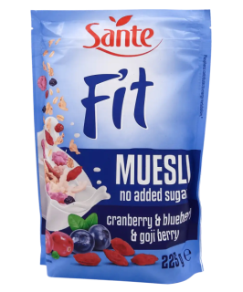 Мюслі Sante Fit з журавлиною, чорницею та ягодами годжі без цукру, 225 г - фото