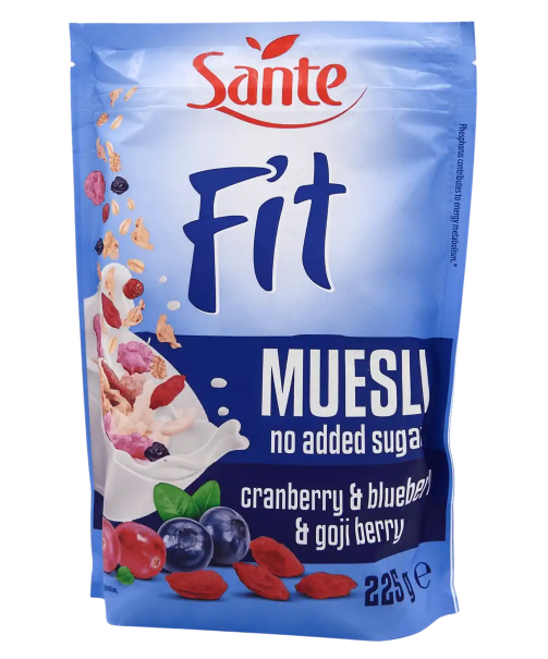 Мюслі Sante Fit з журавлиною, чорницею та ягодами годжі без цукру, 225 г - фото