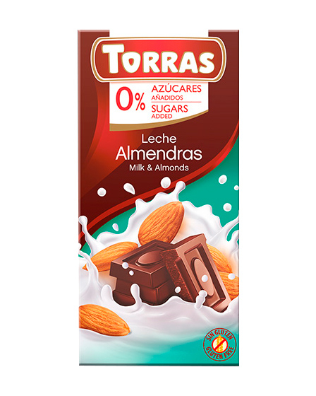 Шоколад Torras молочний з мигдалем без цукру 75 г,12 шт/ящ. - фото