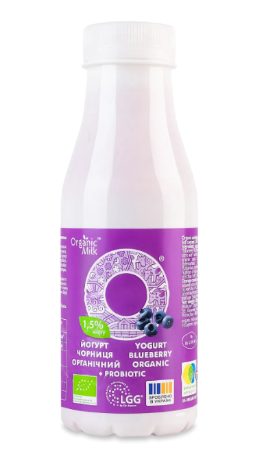 Органічний питний йогурт з наповнювачем "чорниця", 1,5%, 280 г (з пробіотиком) - фото