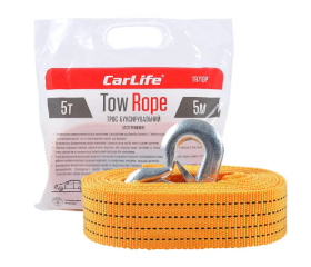 Трос стрічковий CARLIFE 5 т, 5 м з металевими гачками, поліетиленова сумка - фото