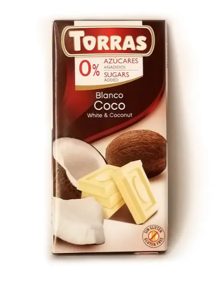 Шоколад Torras білий з кокосом без цукру 75г,12 шт/ящ. - фото