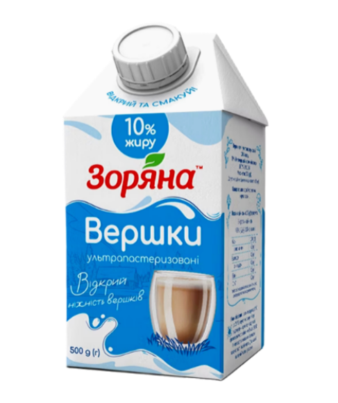 Вершки ультрапастеризовані 10 % 0,5 кг ТМ "Зоряна" - фото