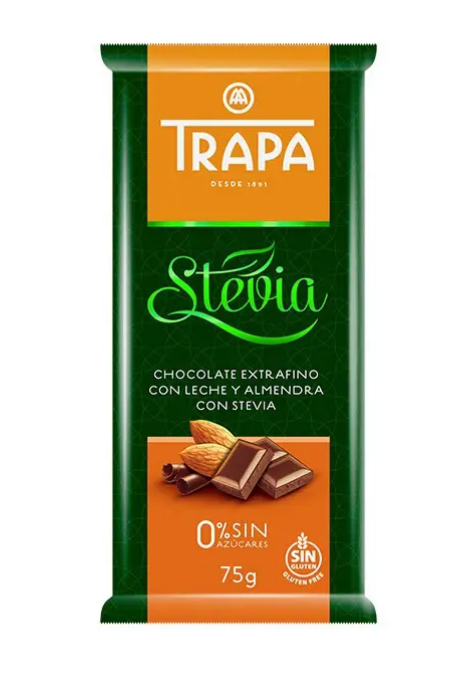 Шоколад 75г TRAPA STEVIA молочный с миндалем, 20шт/ящ - фото