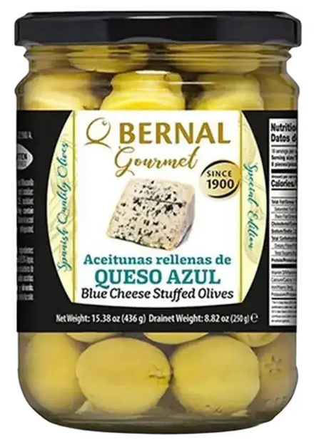 Оливки Bernal Gourmet, фаршировані блакитним сиром, 436 г (суха вага 250 г) - фото