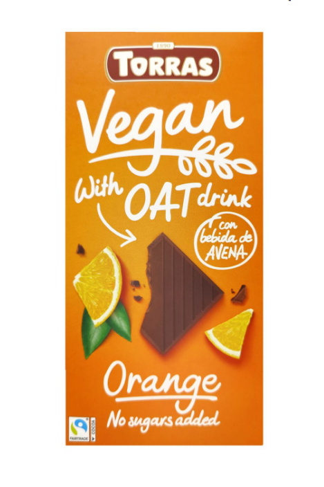 Шоколад Torras Vegan чорний з вівсяним молоком та апельсином без цукру 100 г - фото
