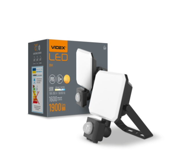 LED прожектор VIDEX F3 20W 5000K з датчиком руху 220V Black (VLE-F3-0205B-S) - фото